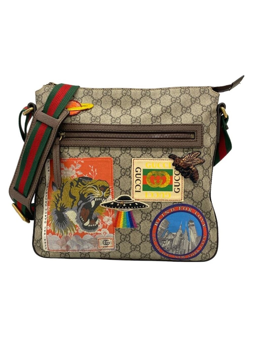 Gucci Shoulder Bag Courier GG Supreme Beige Dark Brown Multi Leather